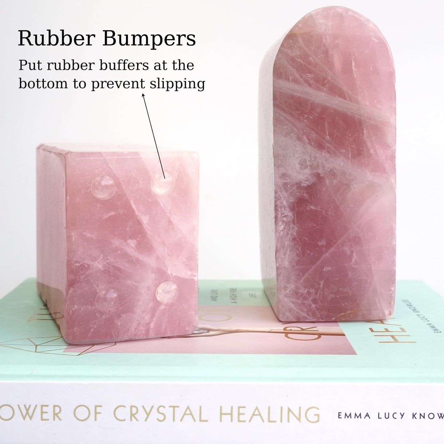 Sisamn Natural Rose Quartz Bookends 3.5-4 lbs Pink Crystal Stone Decorative Bookends with Non-Slip Bumpers for Home and Office Decor