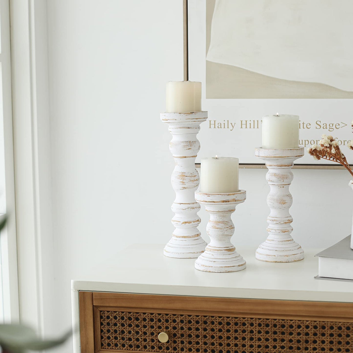 SWALLOWLIVING Rustic Farmhouse Wood Pillar Candle Holder Set of 3 for Candlestick, White