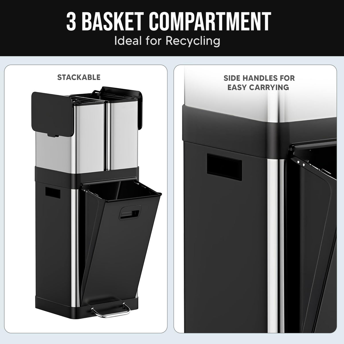 HOLDN’ STORAGE 32L Triple-Compartment Trash & Recycling Bin for Kitchen, 2 Removable Hook-On Bins, Multi-Access Opening, Odor Control, Stainless Steel, 3 Trash Bag Rolls Included