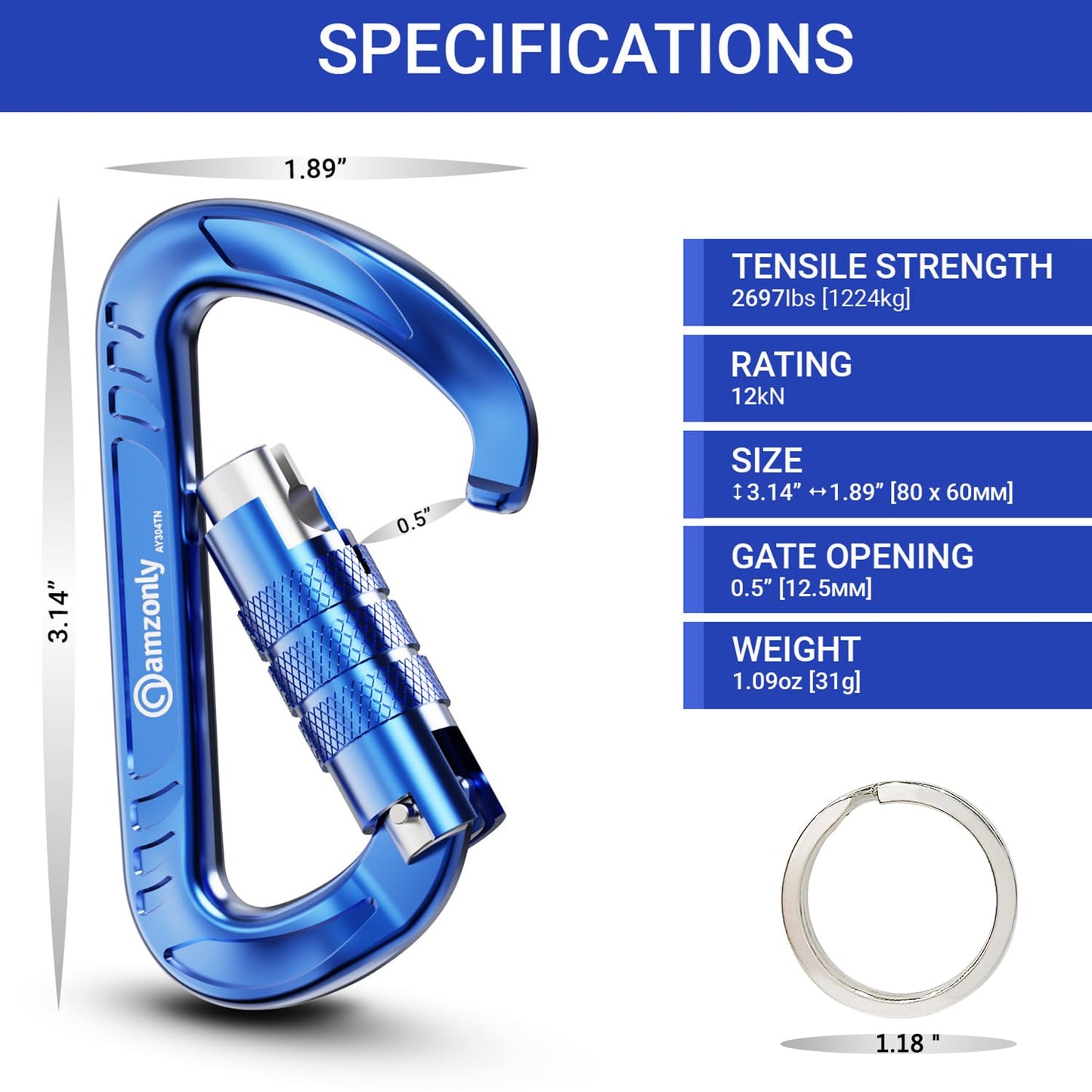3inch Auto Locking Carabiner Clips Heavy Duty, 12KN /2697lbs Lightweight keychain carabiners, Sturdy Twist Lock Caribeeners for Camping Hiking Hammock Swing Backpack, dog leash and Harness etc, Blue