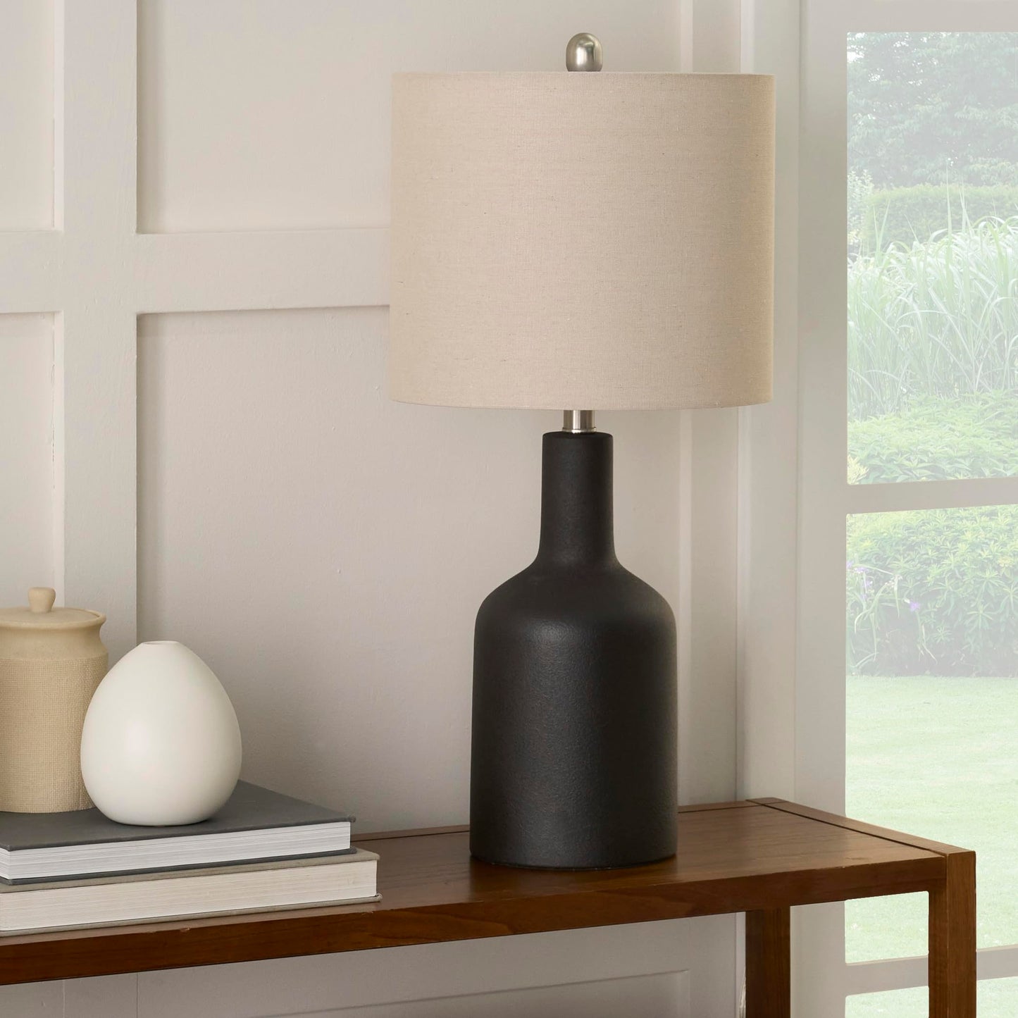 Nourison Home 22" Black Ceramic Table Lamp with Oatmeal Linen Shade for Modern Farmhouse, Bedside Lamp, Living Room Lamp, Small Accent Lamp for Dining Room