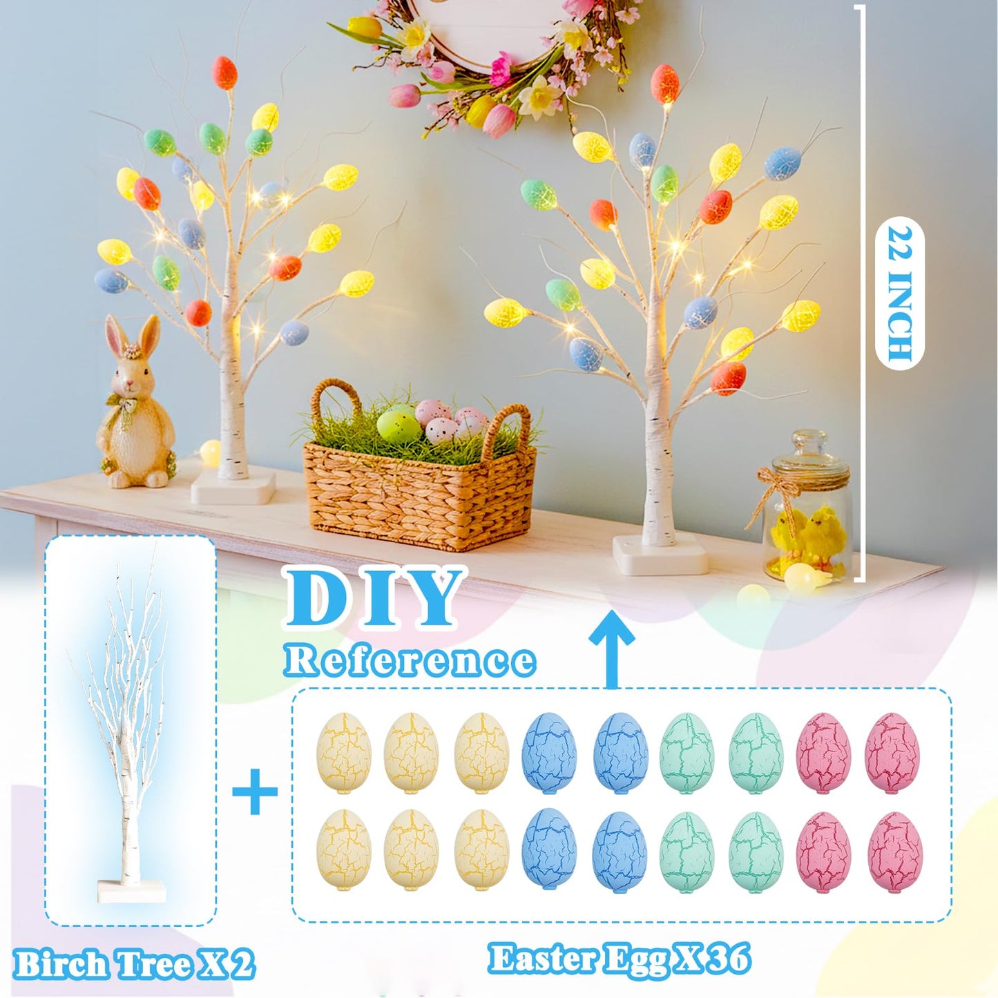 Vanthylit Easter Decorations, 2 Pack Lighted Easter Tree Battery Operated with Timer, 22 Inch LED Birch Tree with 36 Egg Ornaments Indoor Tabletop Centerpiece Light for Home Decor
