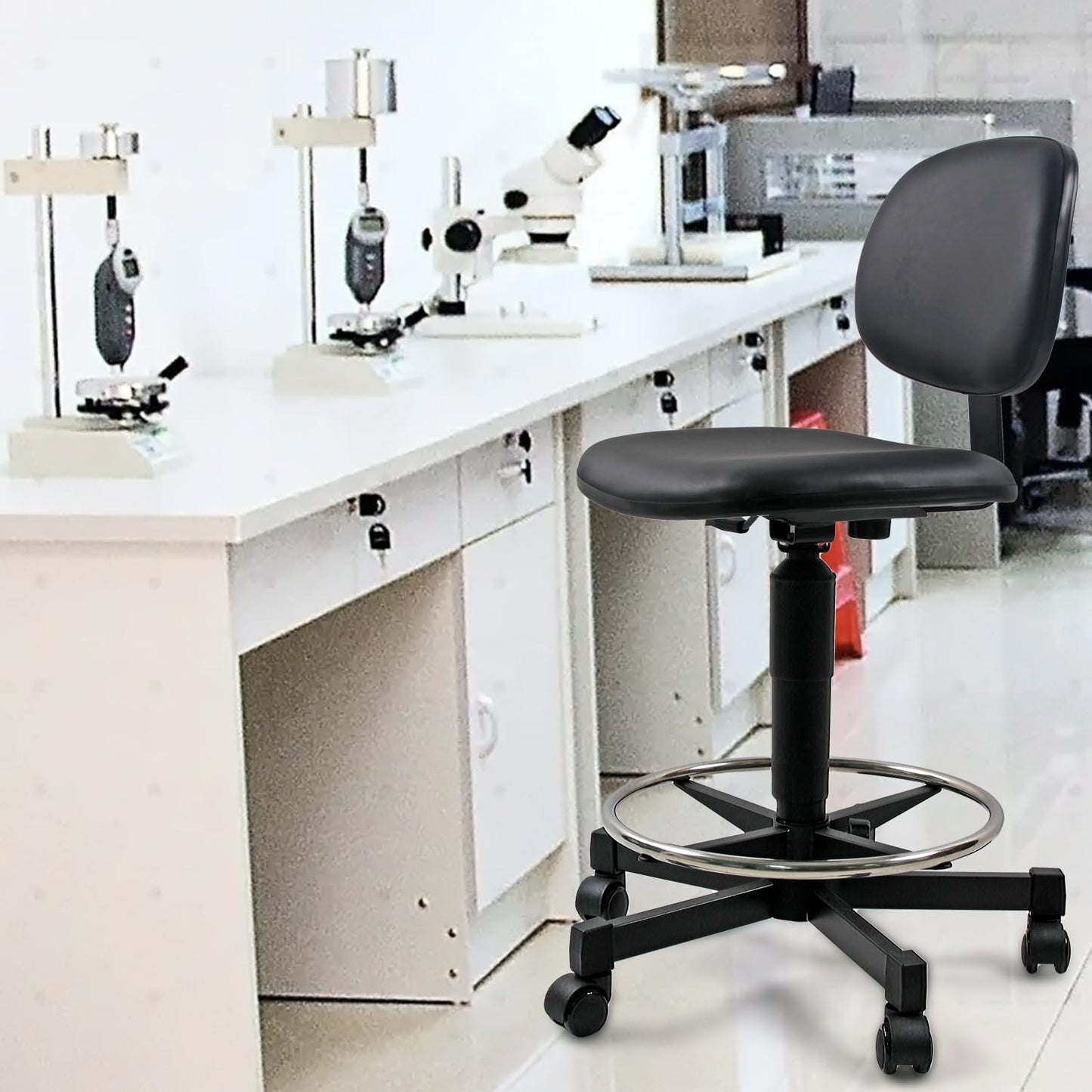 SigmaForce Ergonomic PU Leather Drafting Chair, 21"-31" Adjustable Height, 18" Footring, Padded Sponge Seat, 300 lb Capacity, Comfortable Back Support Task Stool for Lab, Workshop and Home Office