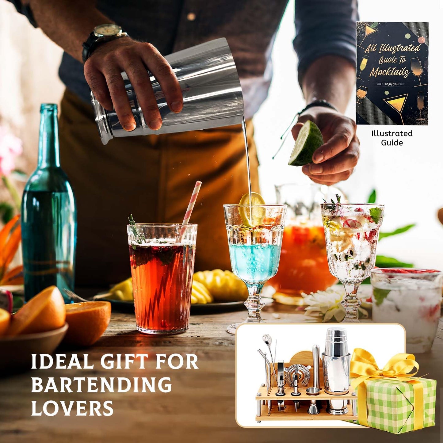 Daily Treasures Professional Cocktail Shakers Set with Bamboo Display Stand & Margarita Salt Rimmer,16-Piece Bartender Kit for Home Bar,825ml / 28oz Boston Shaker, Mixology Bartender Kit Bar Tool Set