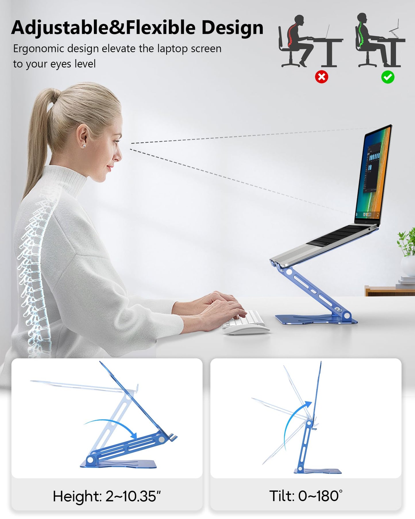 NTMY Adjustable Laptop Stand for Desk,Foldable Laptop Stand,Ergonomic Laptop Riser for MacBook Air Pro, Dell XPS, Acer,Lenovo,HP(10-16'')-Glacier Blue