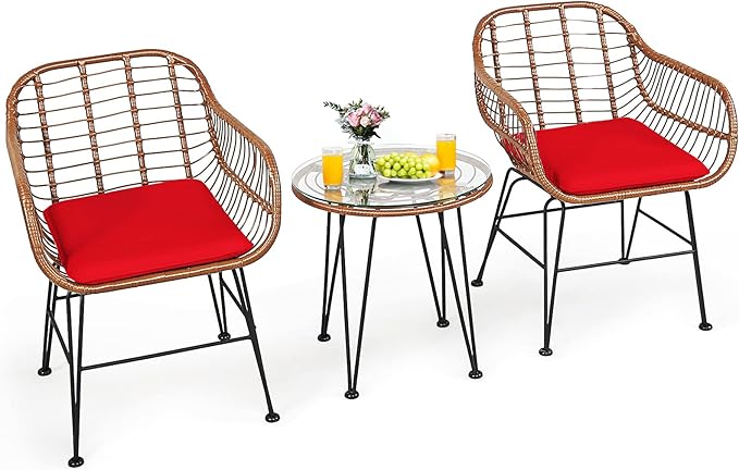 Tangkula 3 Pieces Patio Conversation Bistro Set, Outdoor Wicker Furniture