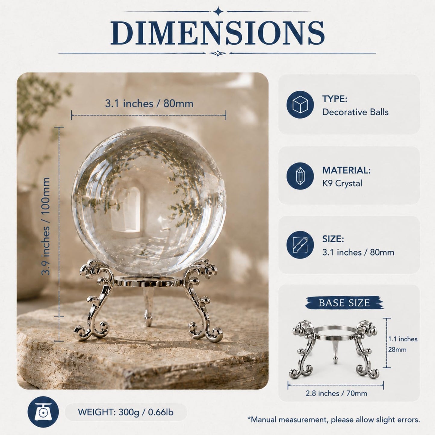 Woodvine Crystal Ball 80mm Clear K9 Crystal Sphere with Metal Stand and Gift Box, Lensball Photography Prop, Home Decor, Feng Shui Decorative Gift (Clear-80mm)