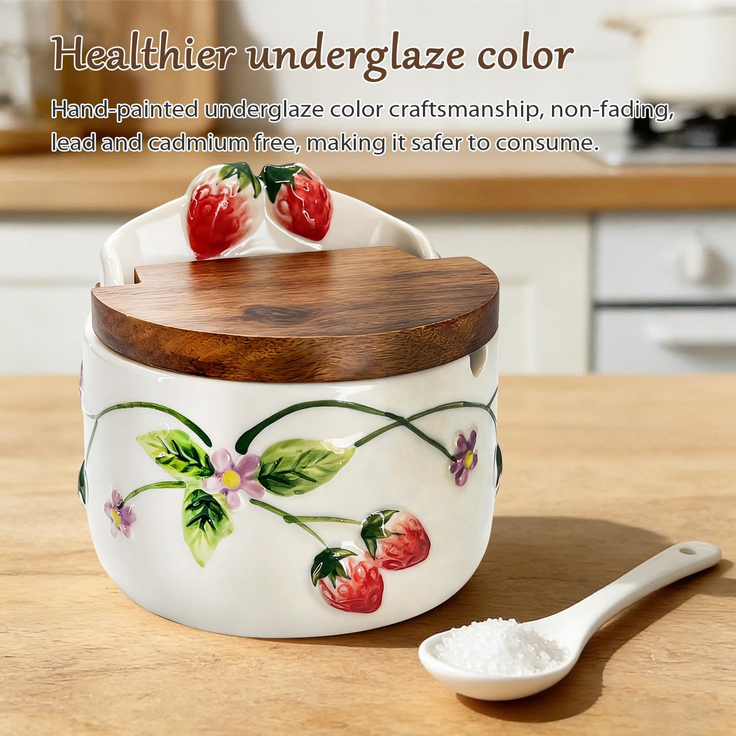 Salt Cellar, 13.5 oz Ceramic Salt Cellar with Lid and Spoon - Strawberry 3D Relief Design Seasoning Jar with Acacia Wood Lid, Suitable for Salt, Sugar, Pepper - Kitchen Countertop Storage Container
