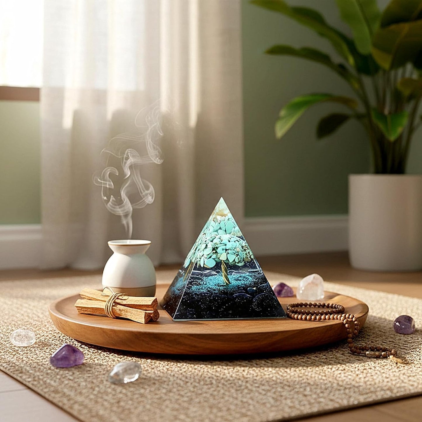 Handmade 2.36inch Tree of Life Crystal Pyramid Turquoise&Blue Sandstone Quartz Healing Crystal for Reduce Stres Meditation Protection, Decoration,Gifts