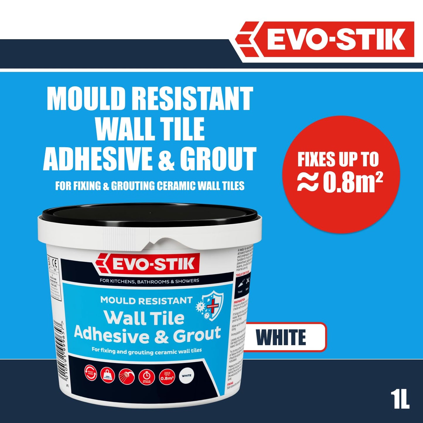 EVO-STIK Wall Tile Adhesive and Grout White 1L - Mould Resistant - Waterproof - Ready to Use