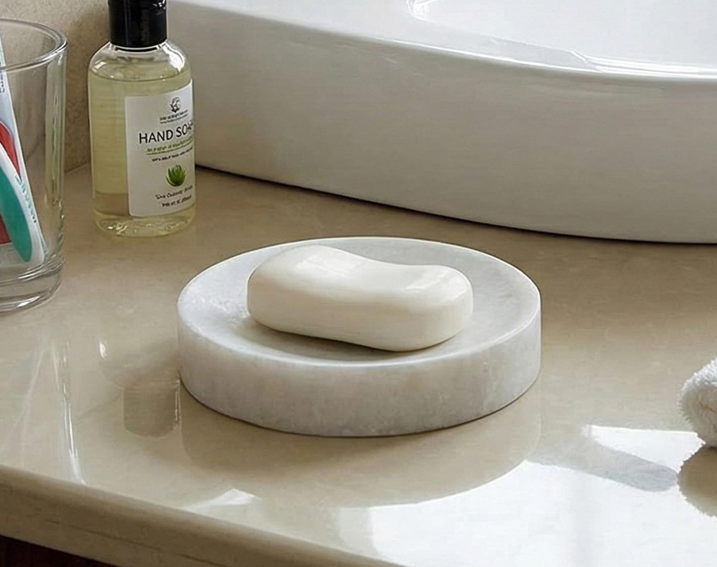 KLEO Soap Dish - Round Design | Natural White Marble Stone | Soap Holder | Soap Tray | Soap Case | Luxury Bath Accessories
