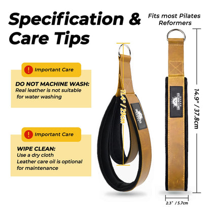 Lights Mountain Leather Pilates Double Loop D-Ring Straps - Soft Fleece Lined for Reformer, Dual Loops for Hands & Legs, Home & Studio Gym Accessories