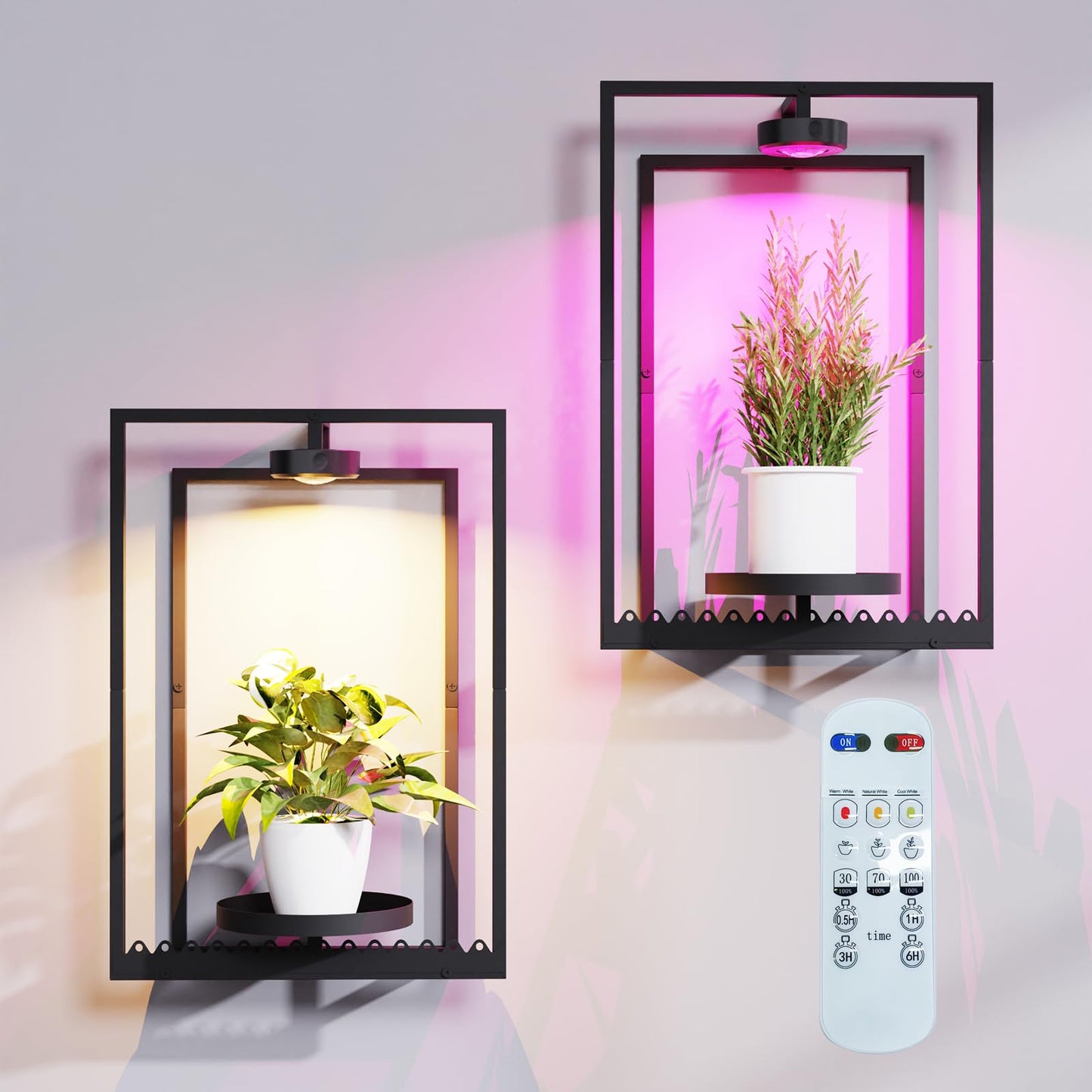Shineled Wall Plant Holder, Indoor Plants Holders with Remote Grow Lights, Plant Shelves Hanging Planters, Framed Plants Holder for Living Room, 2 Pack