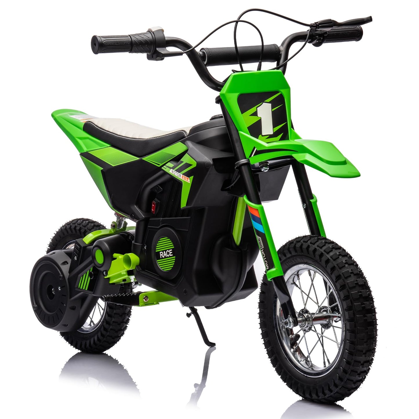 GarveeLife 24V Kids Ride On Electric Off-Road Motorcycle,250W Motor 13.6MPH Fast Speed Dirt Bike Motocross,Leather Seat,Twist Grip Throttle,Metal Suspension,Air-Filled Tires for Kids Riding Toy,Green