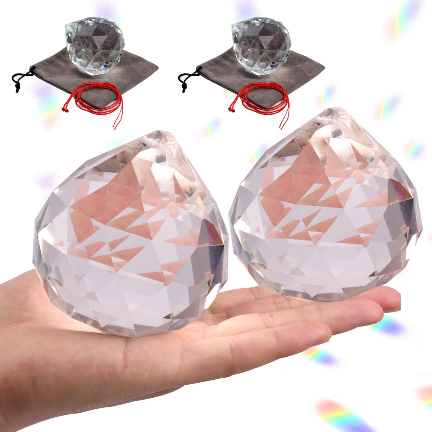 2 Pieces 80mm/3.15 Inch Clear Cut Crystal Prisms Suncatcher,Hanging Rainbow Pendants Glass Sphere Faceted Gazing Ball for Home Décor,Office,Garden Decoration,Super Sparkly and Flawless