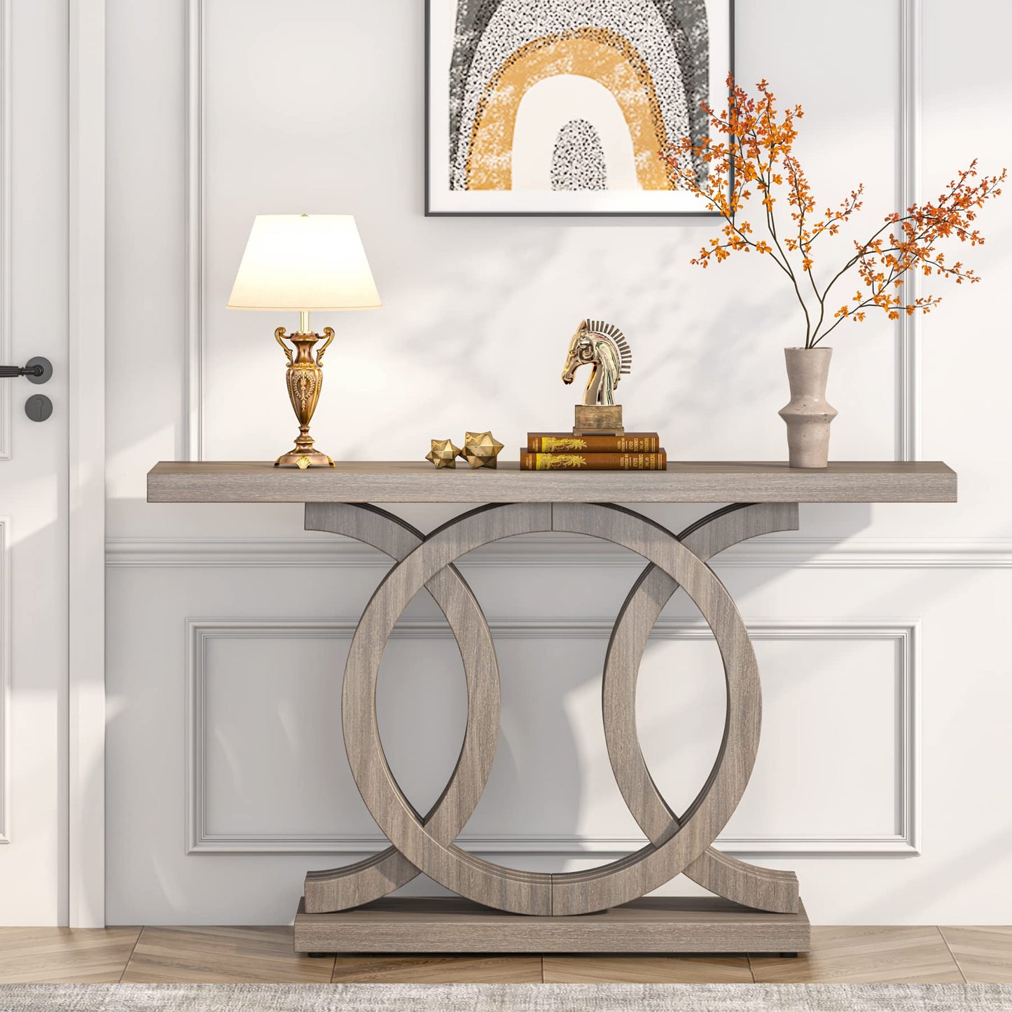 Tribesigns 55 inches Console Table with Geometric Base, Farmhouse Hallway Table, Wooden Entryway Sofa Table, Unique Long Accent Table for Decoration and Organization (Grey)