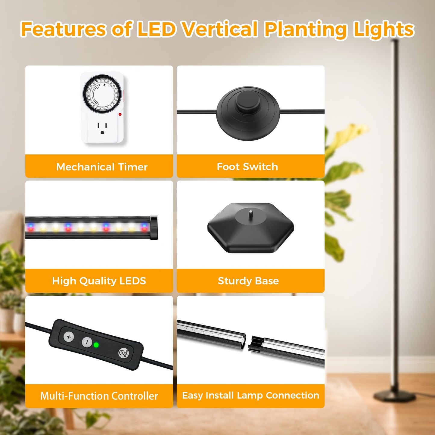 CCACC Standing Grow Light with Timer, 192 LEDs, 65 Inch Full Spectrum Vertical Plant Lamp Bar for Indoor, 3 Light Modes, 10 Level Dimmable Floor Grow Light, Mimic Sunlight to Tall Plants & Flowering