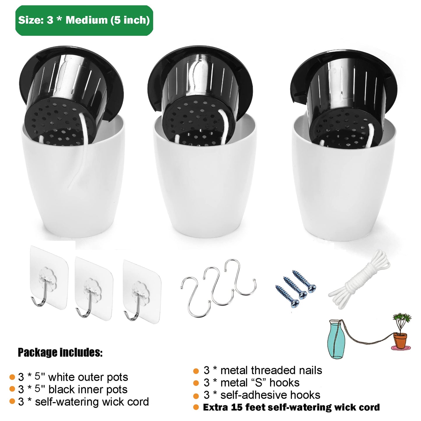 3 Pack Self Watering Wall Hanging Planter Pots Vertical Garden Window Hang Mount Indoor Outdoor Plant Flower Basket for Kitchen Herbs Balcony Railing Shelf Fence Bedroom Trellis Decor Modern White Box