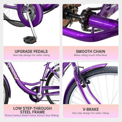 Brightpeak 1 Speed Adult Tricycle, 26 inch Cruiser Trike with Large Basket for Women Men Seniors, 3 Wheel Bike for Outdoor, Shopping, Recreation, Picnic (Purple)
