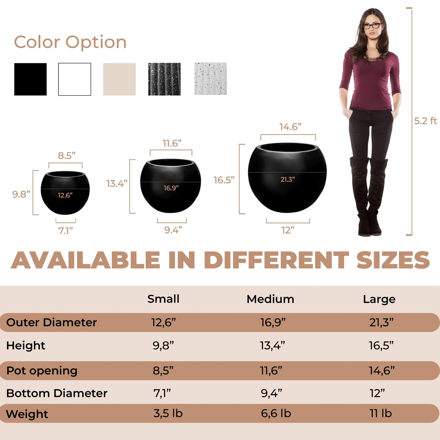 DEPLA LANE Marlo Fiberstone Round Planter, Lightweight, Durable (11.6" Pot Opening x 16.9"D x 13.4"H) Smooth Finishes, UV Resistant, Modern Minimalist Home Decor, Indoor Outdoor Plant Pot (M, Black)