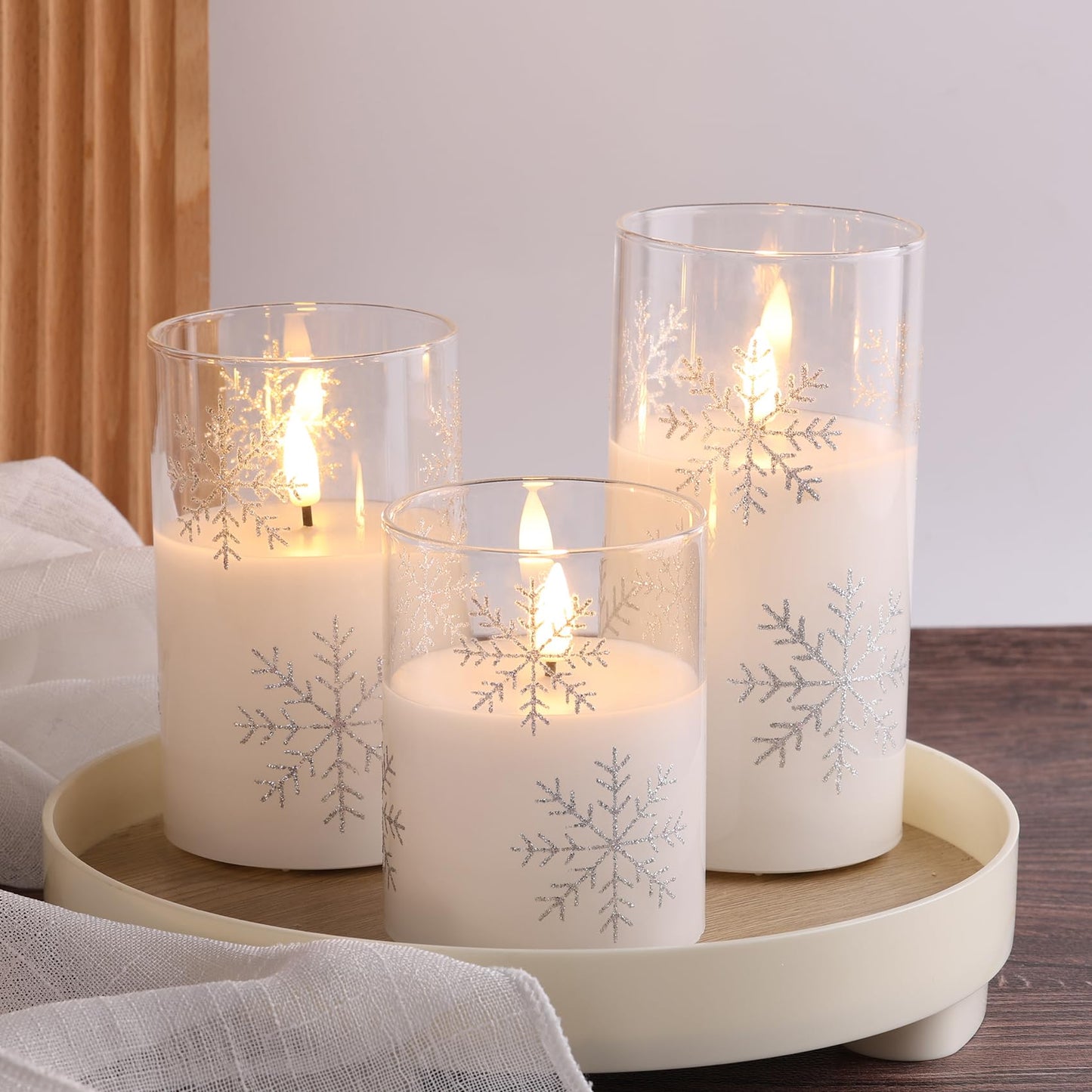 Girimax Clear Snowflakes Christmas Flameless Candles with Remote, Flickering Battery LED Pillar Candles Set of 3