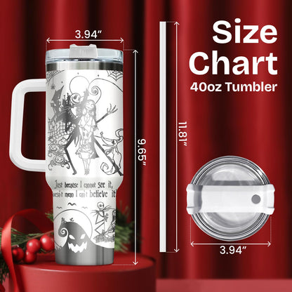 GEPOSTORE Spooky Christmas Tumbler – 40 oz Laser Stainless Steel Mug with Handle – Nightmare Halloween Movie Cup Gift for Fans of Dark Romance, Birthdays & Holidays