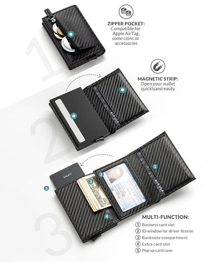 VULKIT Credit Card Holder RFID Blocking Leather Bifold Mens Wallet Automatic Pop Up with Banknote Compartment (Carbonfiber)