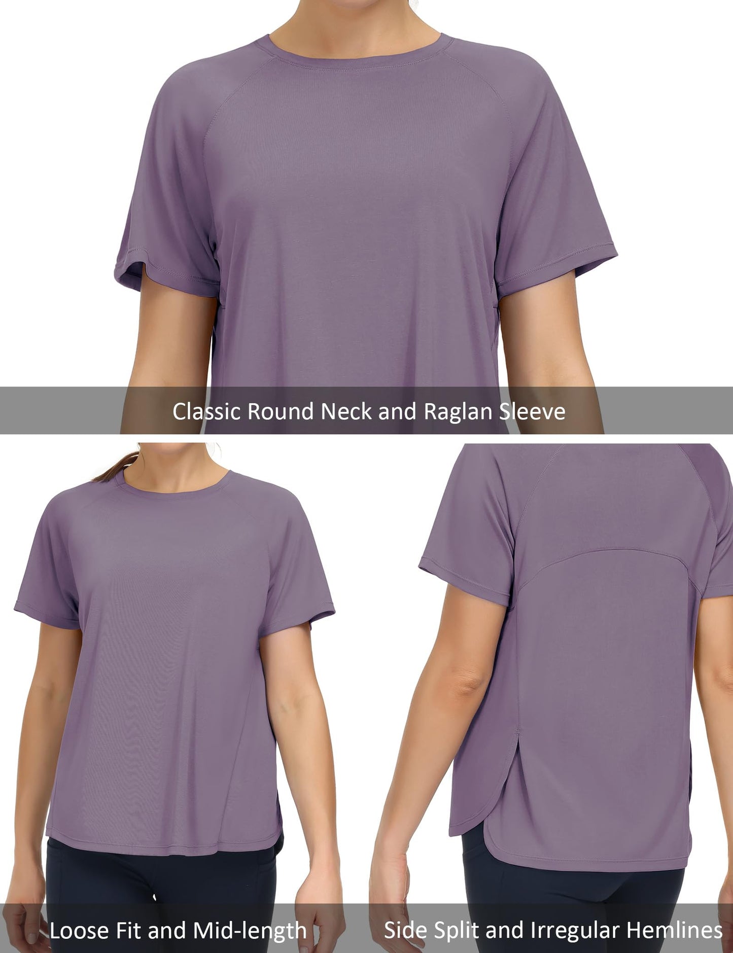 THE GYM PEOPLE Women's Short Sleeve Workout Shirts Breathable Yoga T-Shirts with Side Slits Athletic Tee Tops Grey Purple