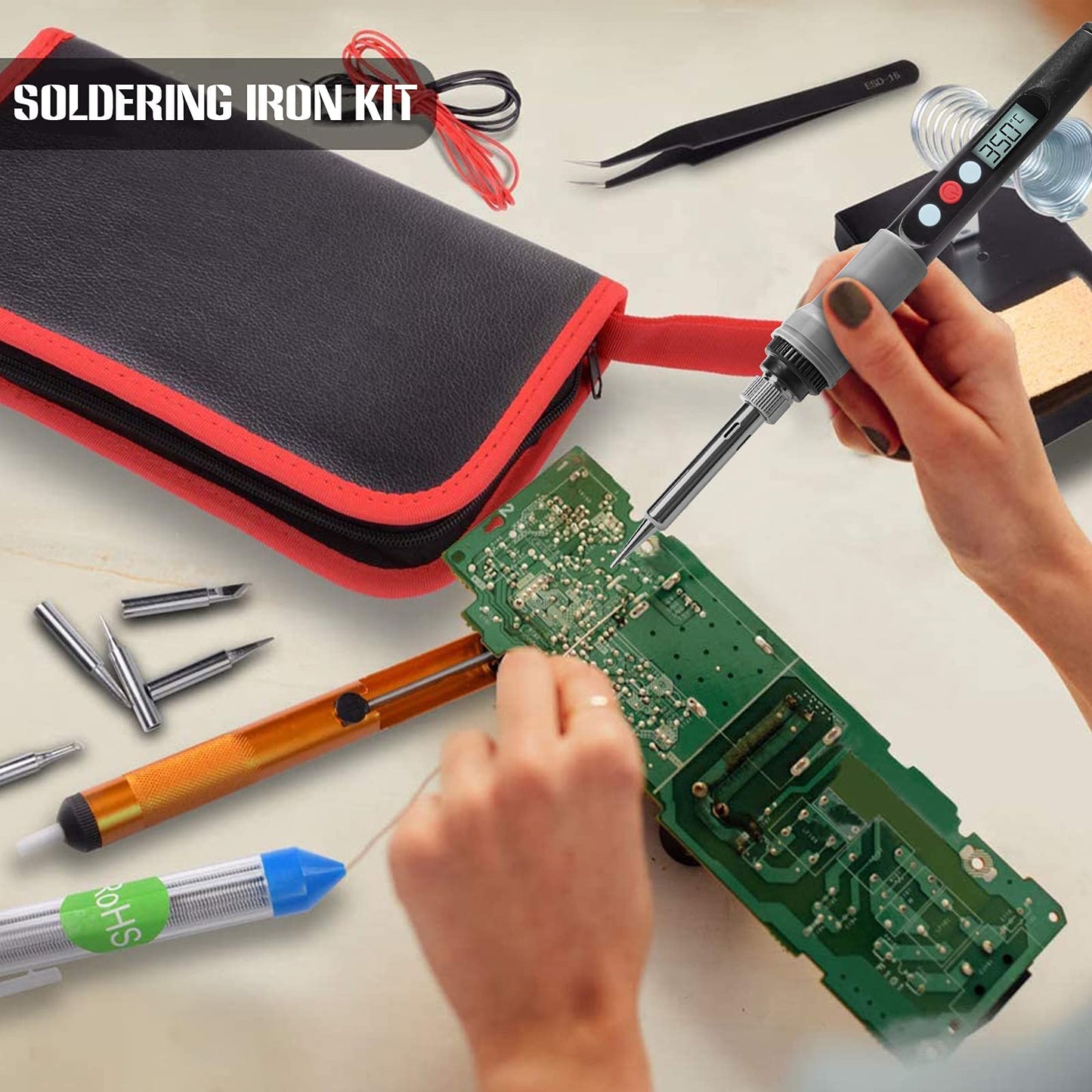 Soldering Iron Kit, 90W Adjustable Temperature Soldering-Iron Gun Kit Welding Tool with 5 Soldering Tips, Desoldering Pump, Tin Wire Tube, Stand, Tweezers