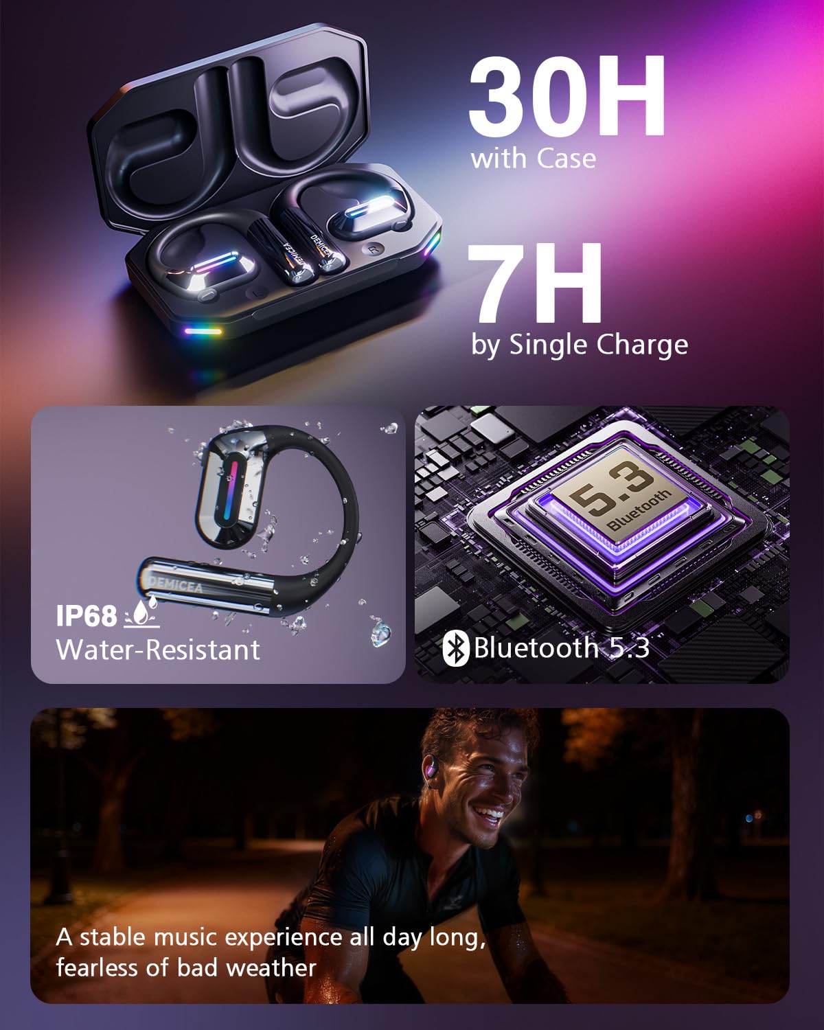 DEMICEA True Bone Conduction Headphones,Open-Ear Headphones,Up to 30H Playtime with Charging Case,Aurora Mode(RGB Light) IP68 Water-Resistant, AAC/SBC,Perfect for Night Running and Cycling