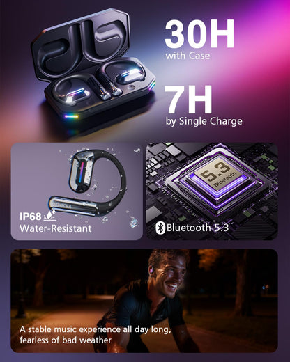 DEMICEA True Bone Conduction Headphones,Open-Ear Headphones,Up to 30H Playtime with Charging Case,Aurora Mode(RGB Light) IP68 Water-Resistant, AAC/SBC,Perfect for Night Running and Cycling