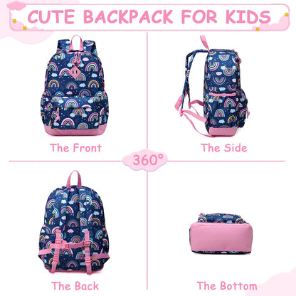 VASCHY Kids Backpack for Girls,Cute Animal Pattern School Bag Daily Children's Rucksack Backpack for School Kindergarten Nursery with Chest Strap And Bottle Pockets(Blue Rainbow)
