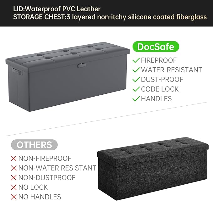 DocSafe Storage Ottoman Bench, Fireproof＆Waterproof Folding Bench