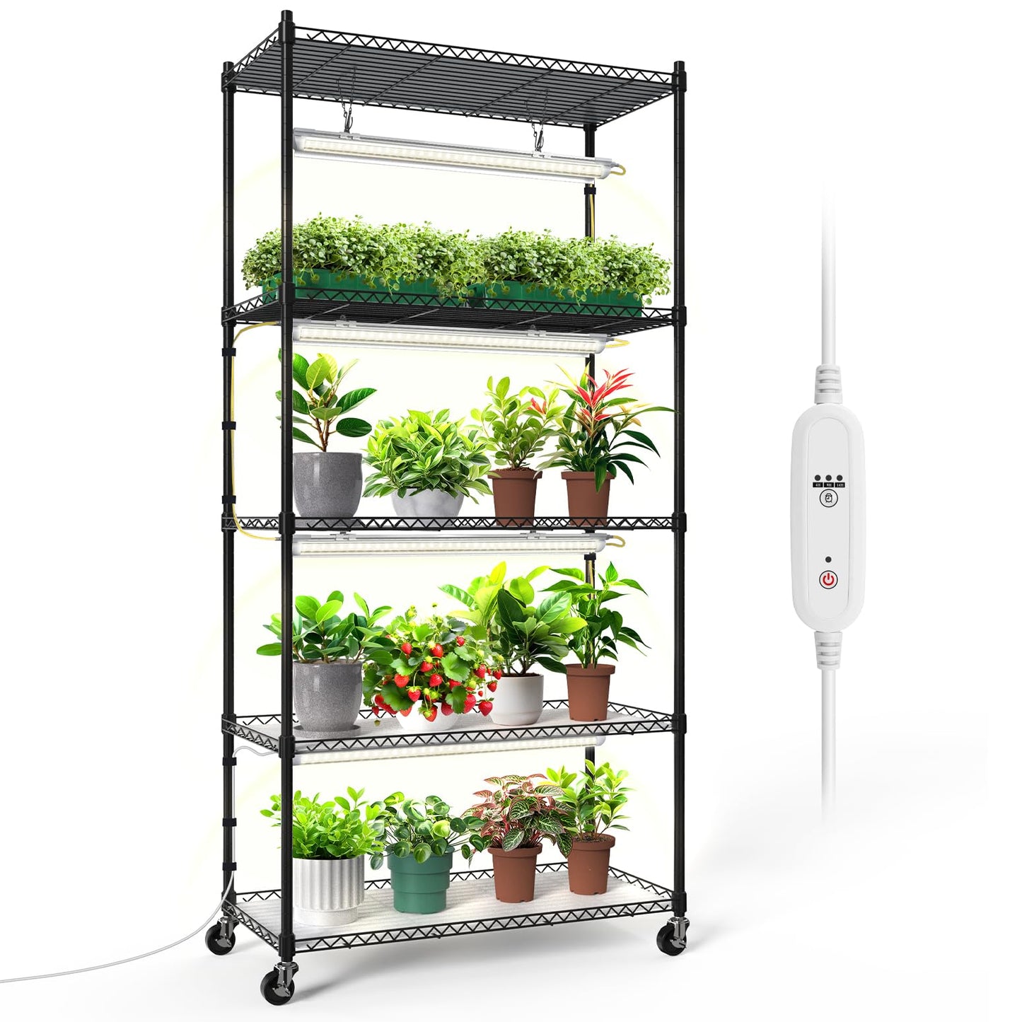 Bstrip Plant Shelf with Grow Light, 5-Tier Plant Stand with T8 24W Grow Light for Indoor Plants with Wheel, Grow Light Shelf with Timer for Indoor Plant, Seedling, Seed Starting, 29.5x13.8x59IN