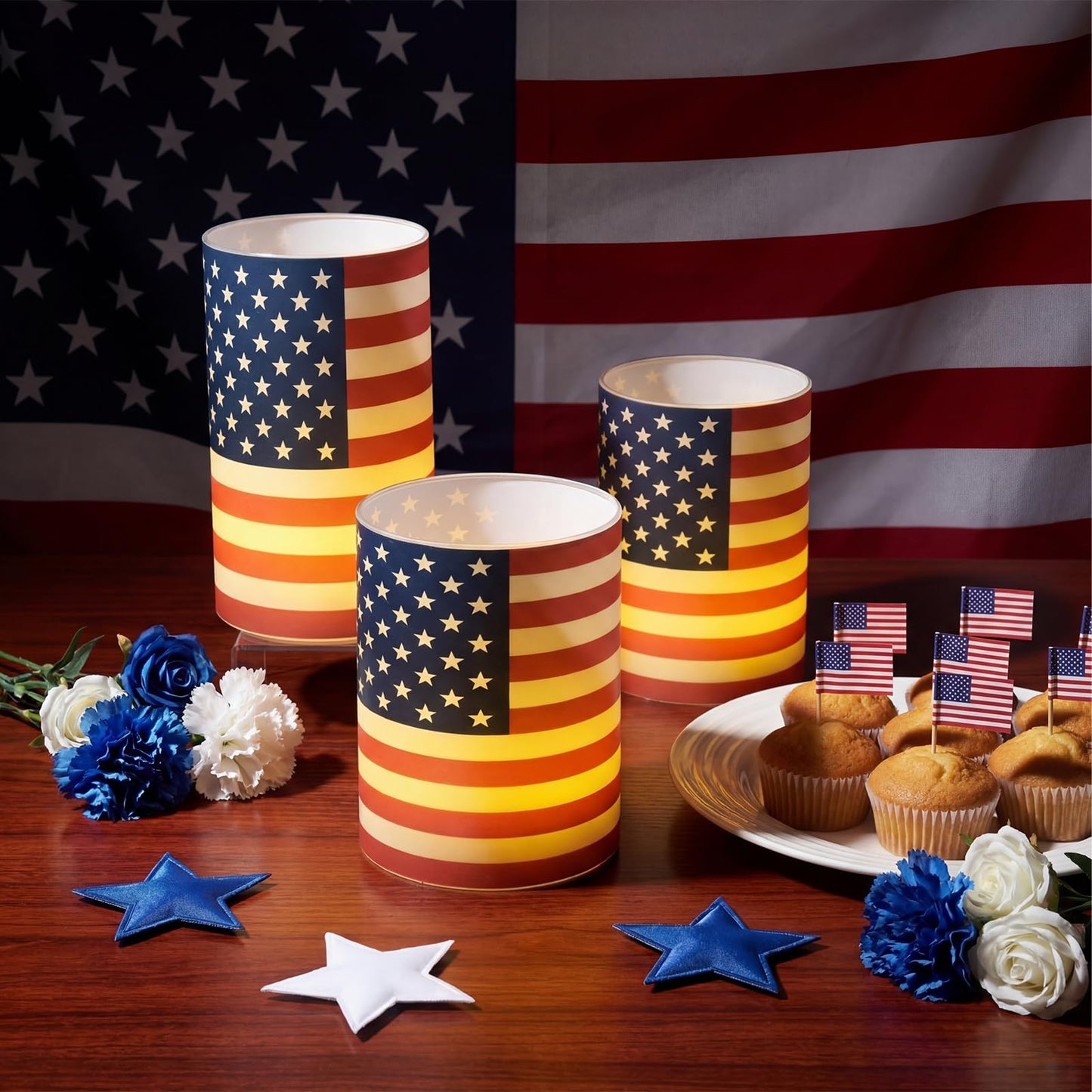 Baquler 3 Set 4th of July Flameless Candles Patriotic USA Flag Flameless Candles 250th Anniversary Lampshade with LED Tea Lights National Flag Candle Decoration for Independence Tabletop Home Decor