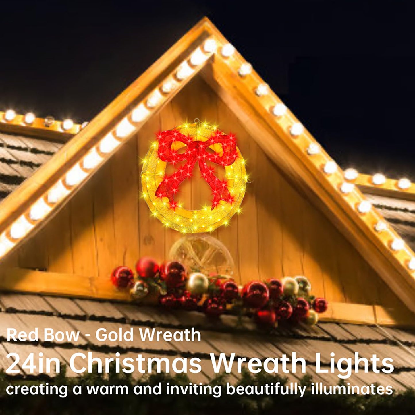 Outdoor Christmas Wreath Decoration - 24" Bright LED Christmas Wreath Lights with Bow, Large Lighted Christmas Wreaths Window Lights for Wall, Windows, Front Door Decor, Red Bow - Gold Wreath