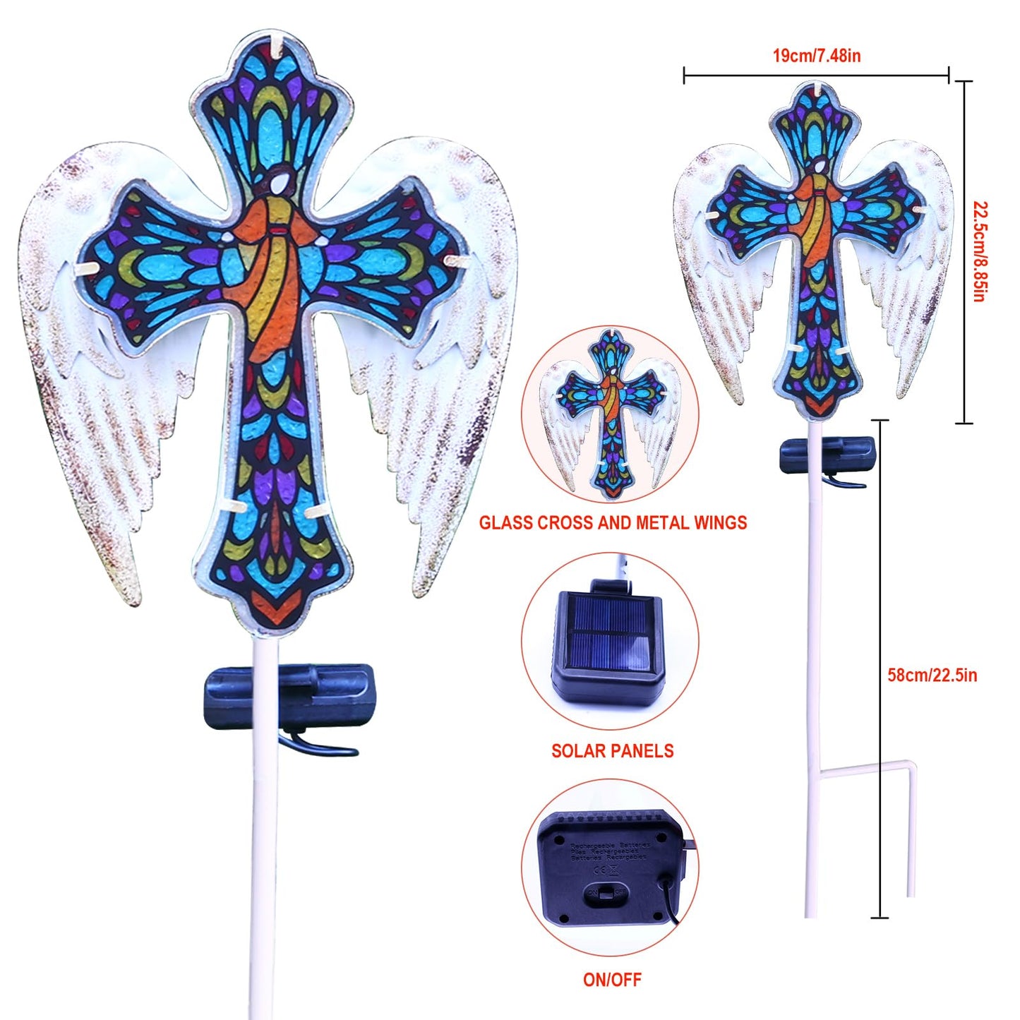 YJFWAL Solar Glass Cross Garden Stake Light, Cemetery Decorations for Grave Outdoor Lights, Easter Jesus Cross Angel Wings Sympathy Memorial Day Decor, for Garden Lawn Yard Patio