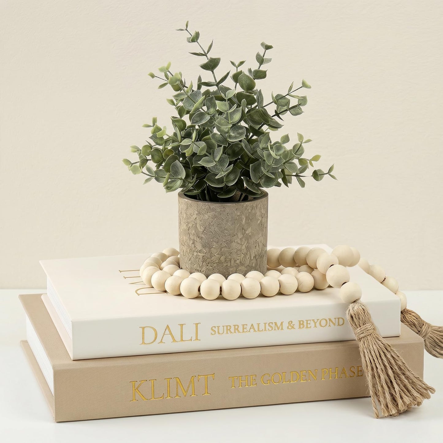 Fveuc 3-Piece Decorative Books for Home Decor with Wood Bead Garland - Stackable Linen Faux Book Box for Coffee Table Styling, Real Fabric Cover Fake Books with Tassel as Display Riser for Shelf