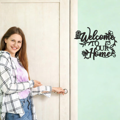 Zzbakress Welcome Sign - Outdoor Metal Wall Decor, Welcome To Our Home Sign Entryway Wall Decor, Text And Flowers Black Metal Wall Art For Living Room, Dining Room, Porch, Entry (Floral)