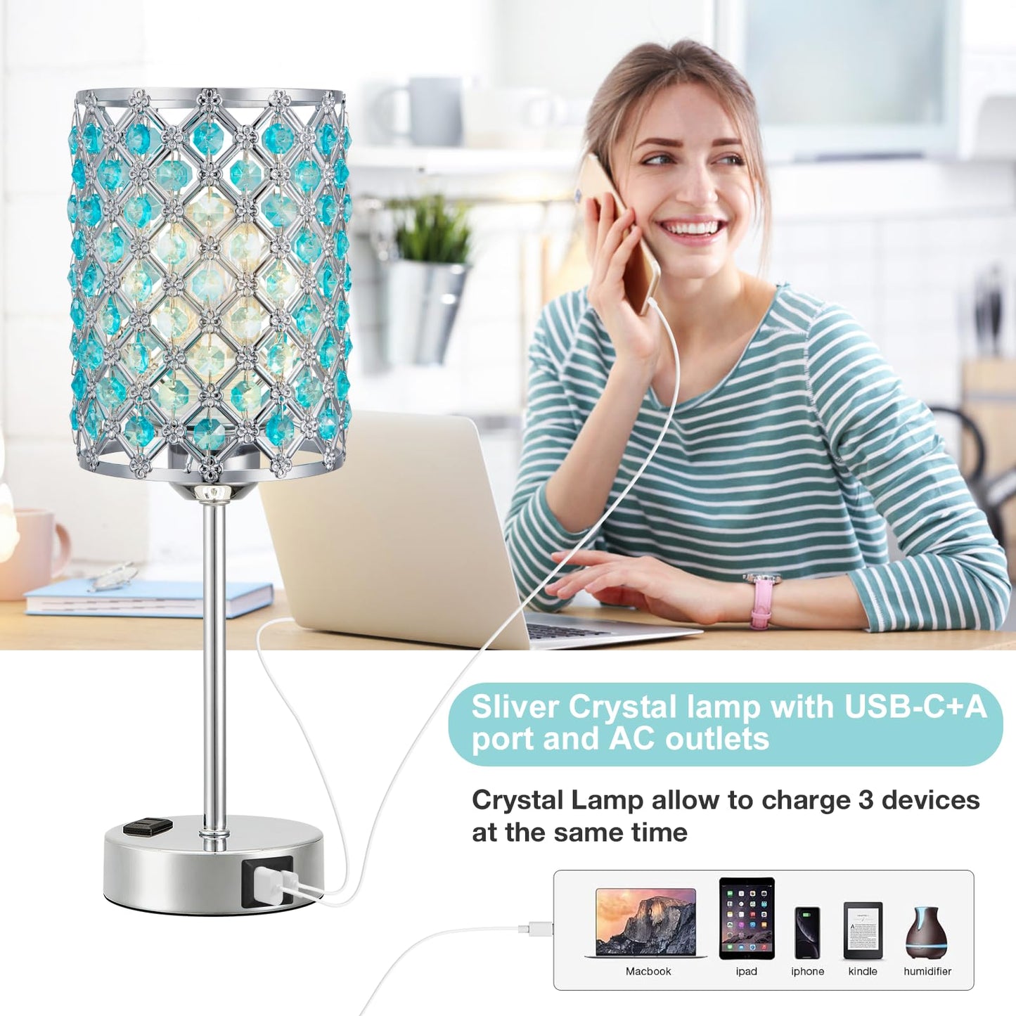 Hong-in Blue Lamps for Night Stands-Crystal Table Lamp with USB-C+A & AC Charging Ports, 3-Way Dimmable Nightstand Touch Lamp, Bedside Desk lamp for Bedroom Living Room Home Office