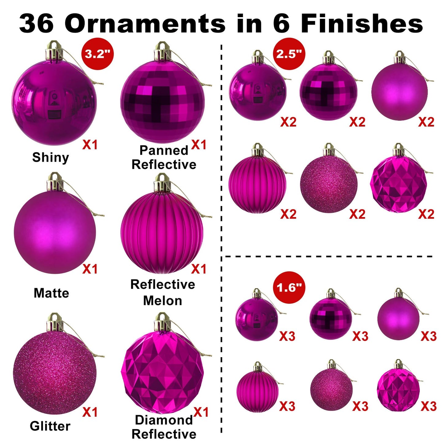 Fuchsia Christmas Ornaments - Christmas Tree Decorations Shatterproof Hanging Balls for Birthday Wedding Holiday Decor Set of 36pcs, Multi-Sizes(1.6",2.5",3.2")