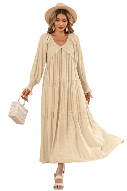 R.Vivimos Maxi Dress for Women Long Sleeve V Neck Empire Waist Layered Ruffle Boho Casual Flowy Long Dresses