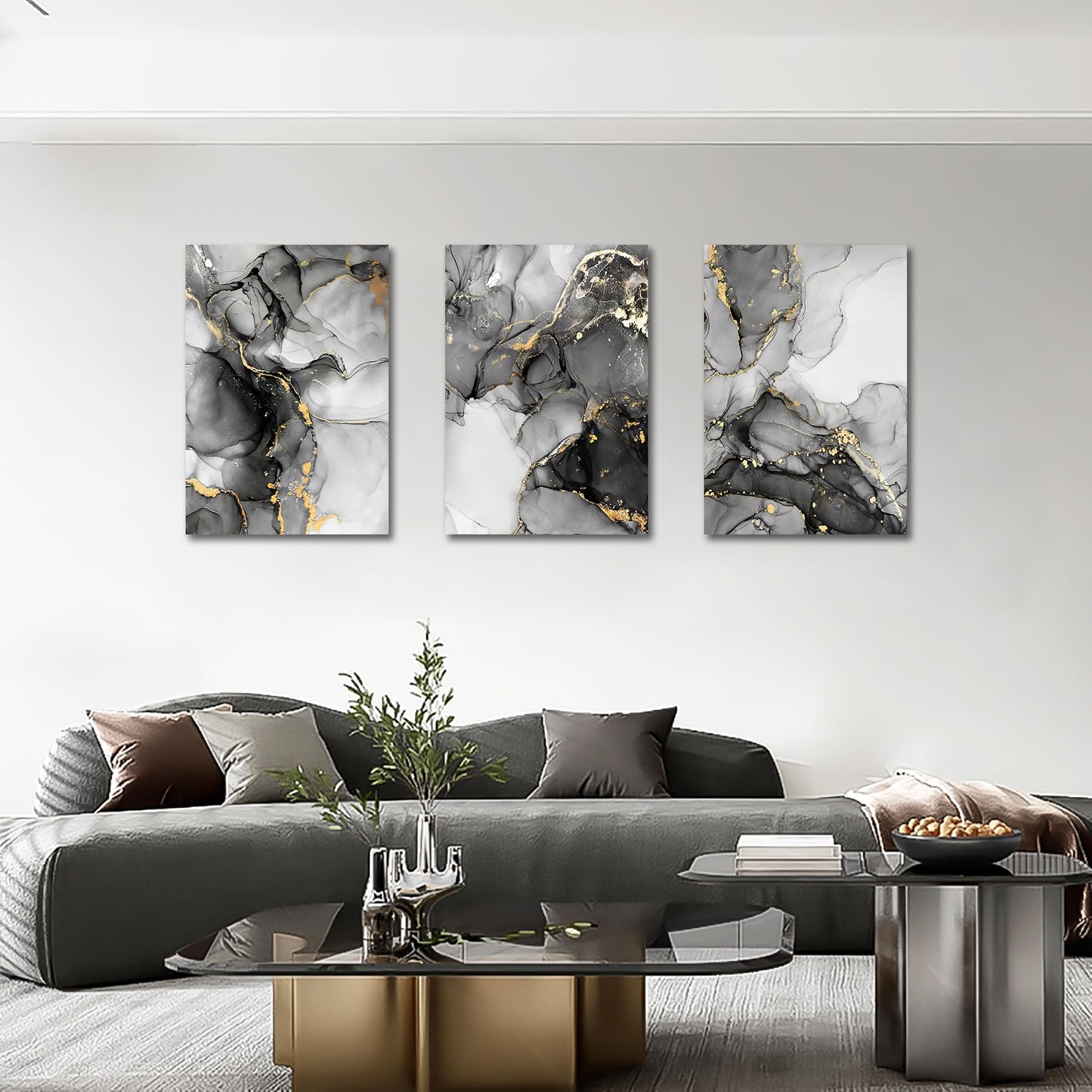FajerminArt 3 Panels Framed Canvas Wall Art Marble Gray Gold White Pictures Printing Painting Poster Canvas Prints Wall Decor for Bedroom Living Room Bathroom Office Ready to Hang 40x60cmx3Pcs