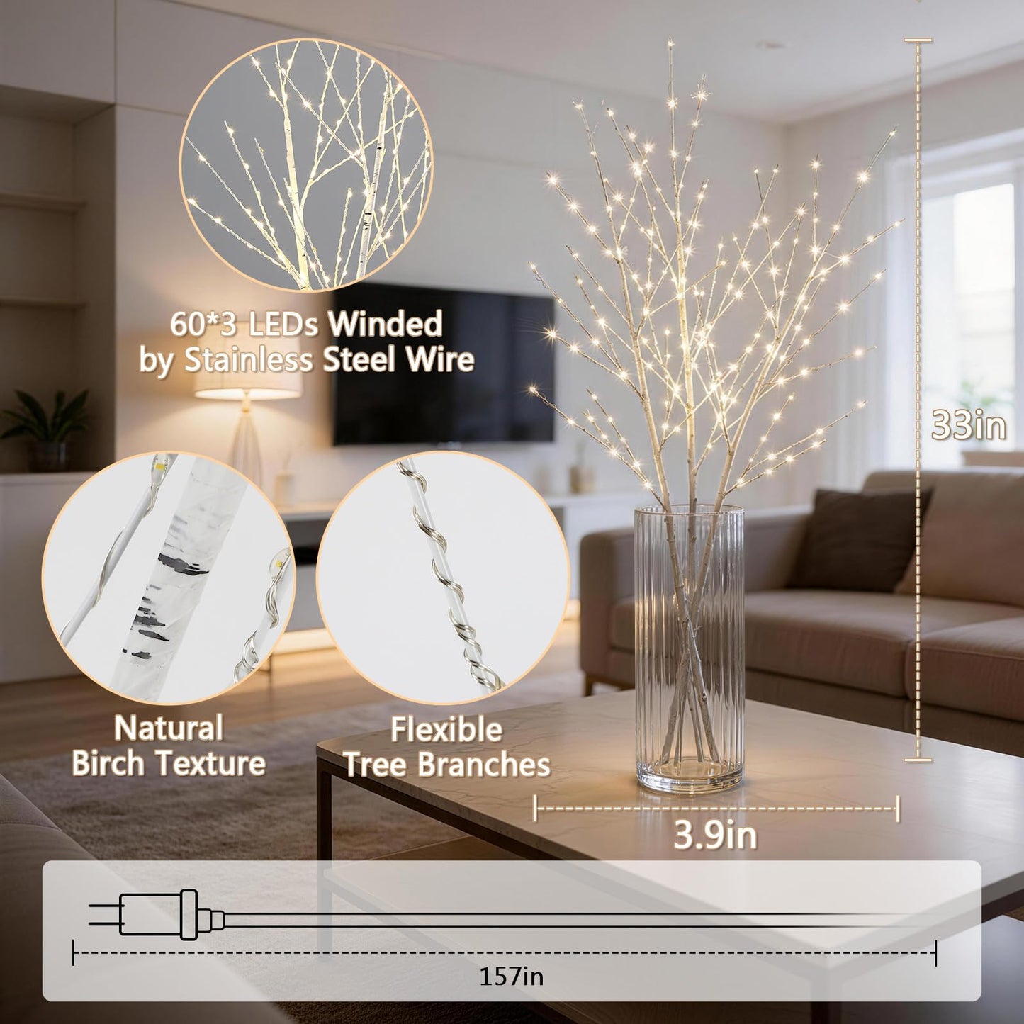 Bexdir Lighted Birch White Tree Branches 33IN 180LED with Timer Plug in, Artificial Tree White Birch Twig for Christmas Home Decor Party Wedding Bedroom