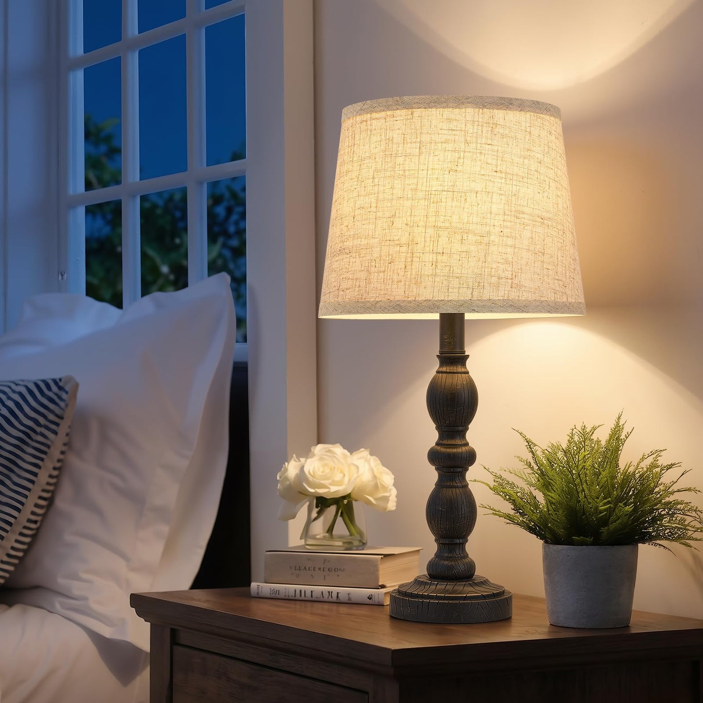 GyroVu Table Lamps Set of 2 for Bedroom, 20.5" Rustic Farmhouse Bedside Lamps with Linen Shade, Vintage Nightstand Lamps for Living Room, End Table Office, Desk(Black)