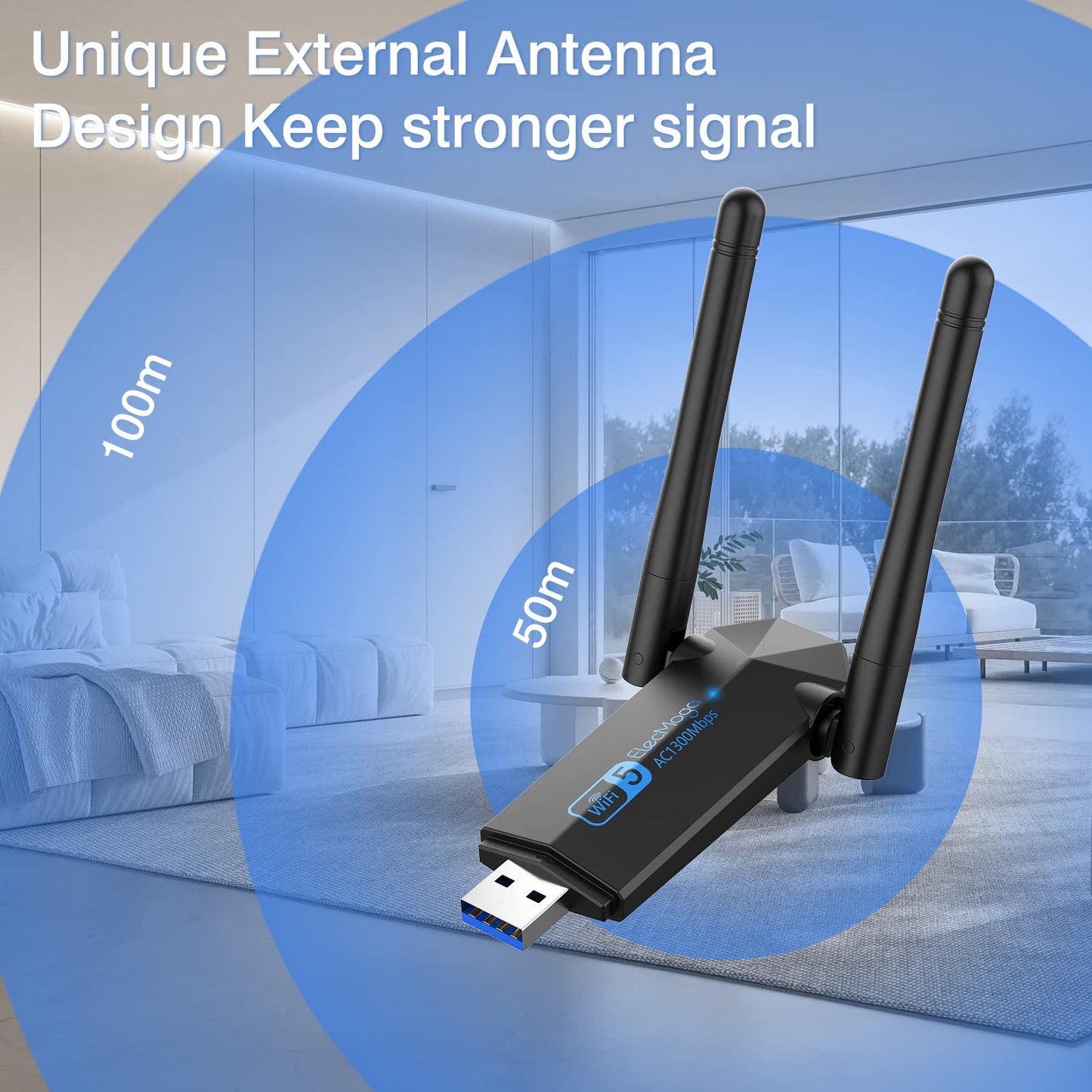 ElecMoga 5dBi Dual Band 5GHz USB Wifi Computer Adapter, 1300Mbps, Supports Windows 11/10/8/7/Vista/XP, Mac OS 10.9-10.15