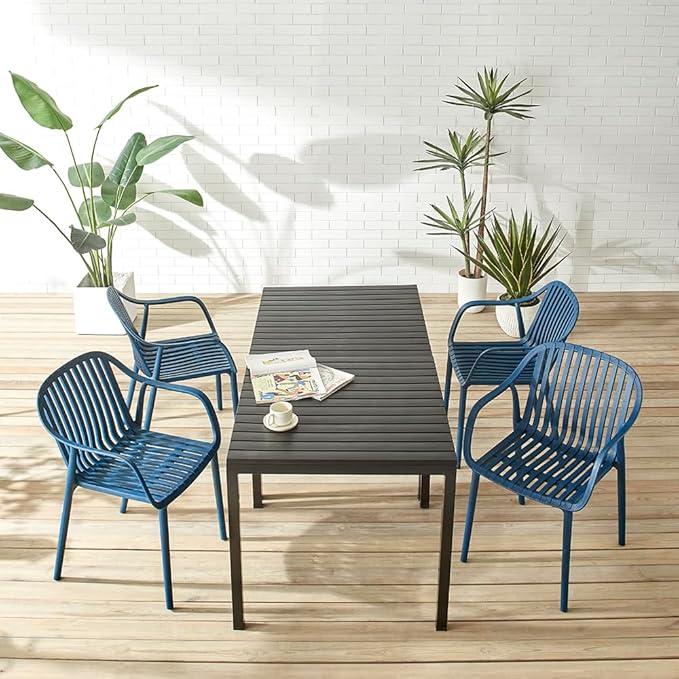 Modern Stackable Outdoor & Indoor Plastic Dining Chairs Set, Armchairs Set, Weather-Resistant, Ideal for Patios, Cafes, and Home Use, Set of 4 (Blue)