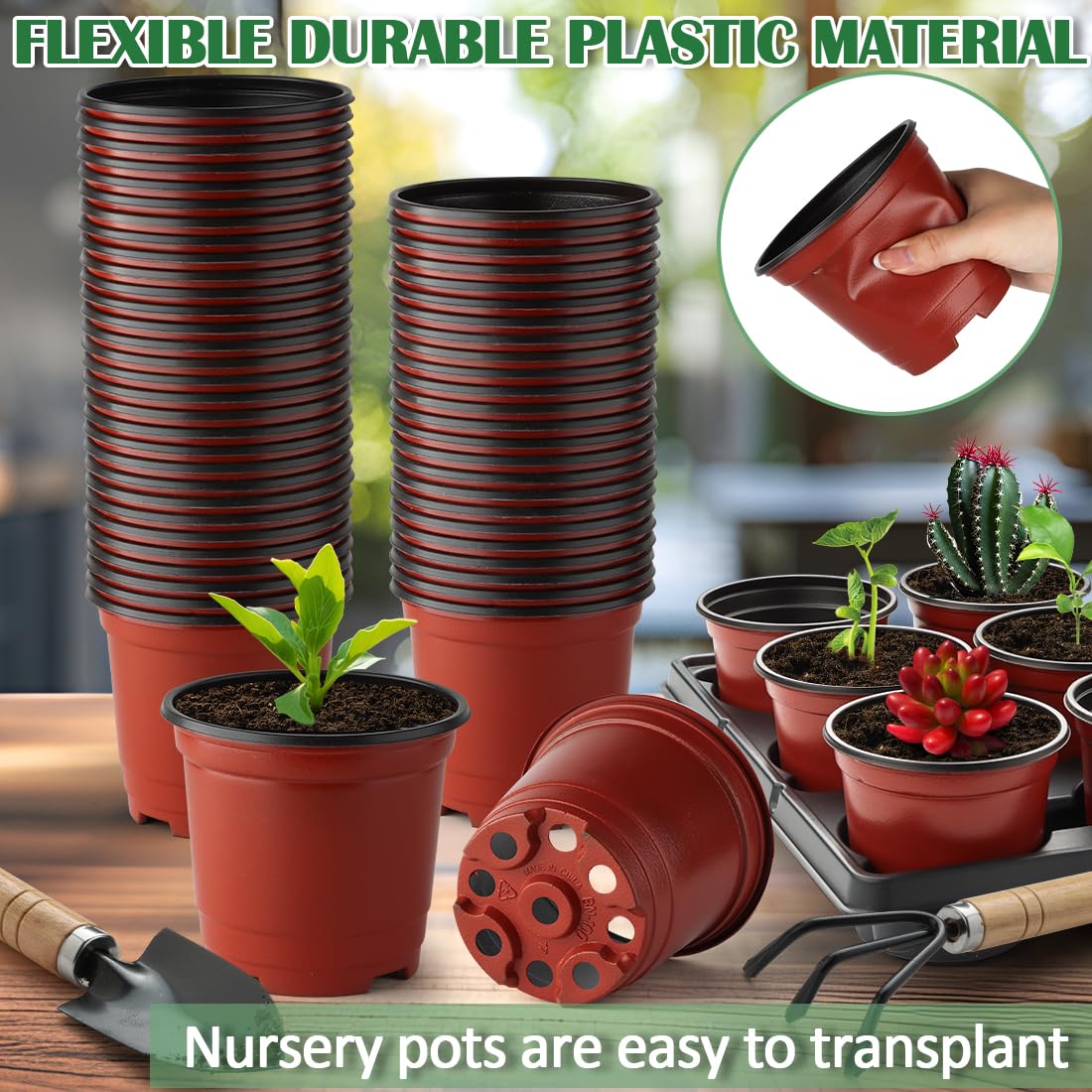 RooTrimmer 4 inch Round Nursery Pots 60pcs, 12 Cell Nursery Pots Trays 5 Pcs, Sturdy Seeds Starting Germination Shuttle Carrying Trays, Small Planter Nursery Propagation 5 Sets
