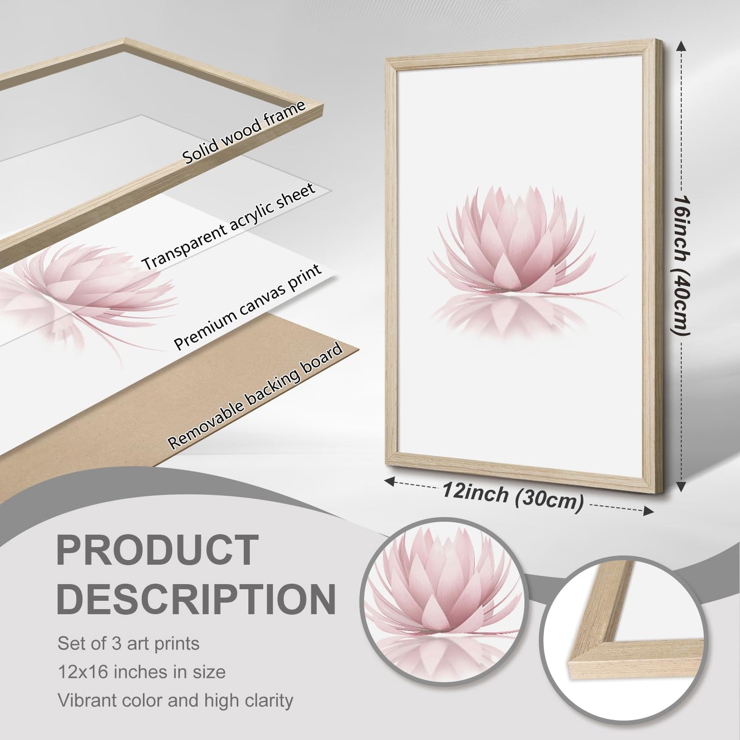 Inhale Exhale Wall Art Zen Canvas Decor Yoga Lotus Wall Art Calming Meditation Artwork Pink Yoga Poster Zen Pictures Painting for Living Room Bedroom 12x16 Inch Wood Framed Set of 3