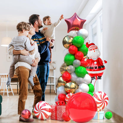 134 Pcs Christmas Balloon Garland kit, Green Red White Gold Balloons Garland Arch Kit, Xmas Candy Cane Foil Balloons Santa Claus Red Star Balloons for New Year Christmas Party Decorations Supply